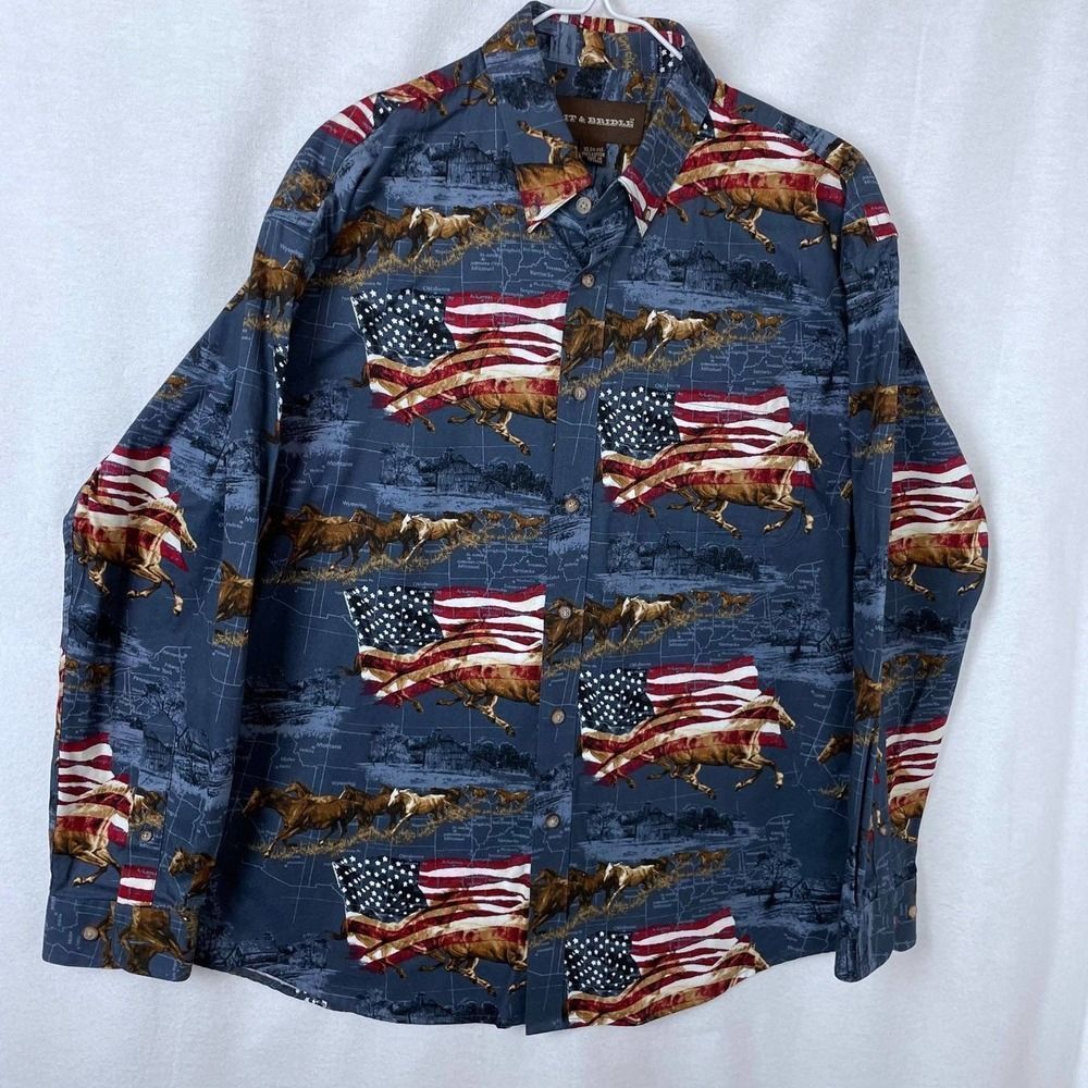 Bit & Bridle All Over Print Patriotic Button Shirt XL Blue American Flag Horses